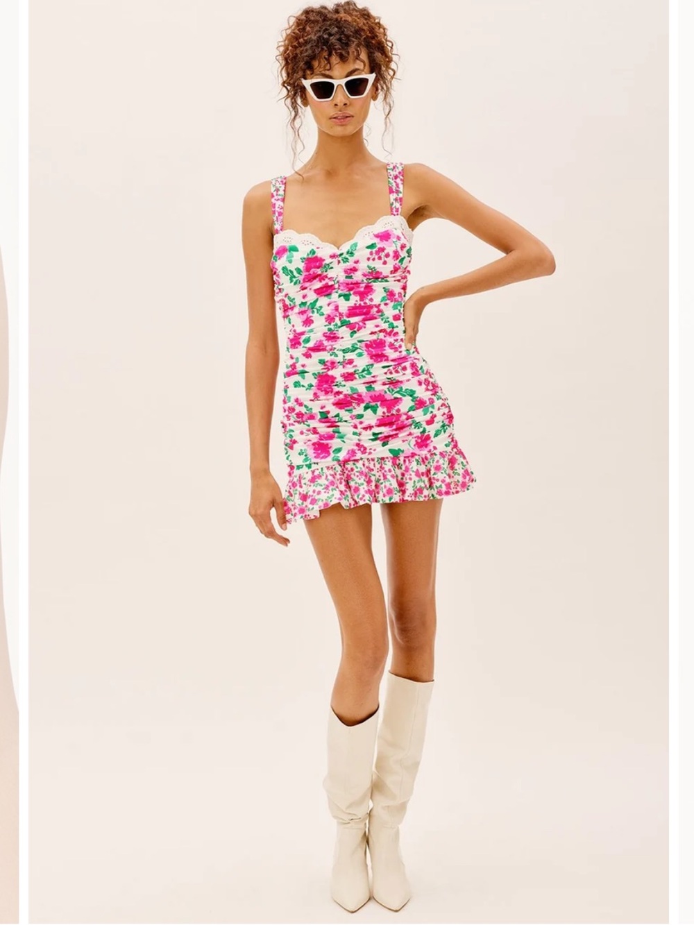 Revolve x For Love & Lemons Petal Tank Floral Ruched Mini Dress in Carnation